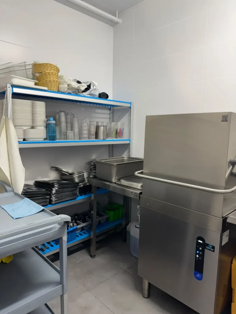 Zona de fregado de la cocina con lavavajillas industrial de cúpula y estanterías de menaje